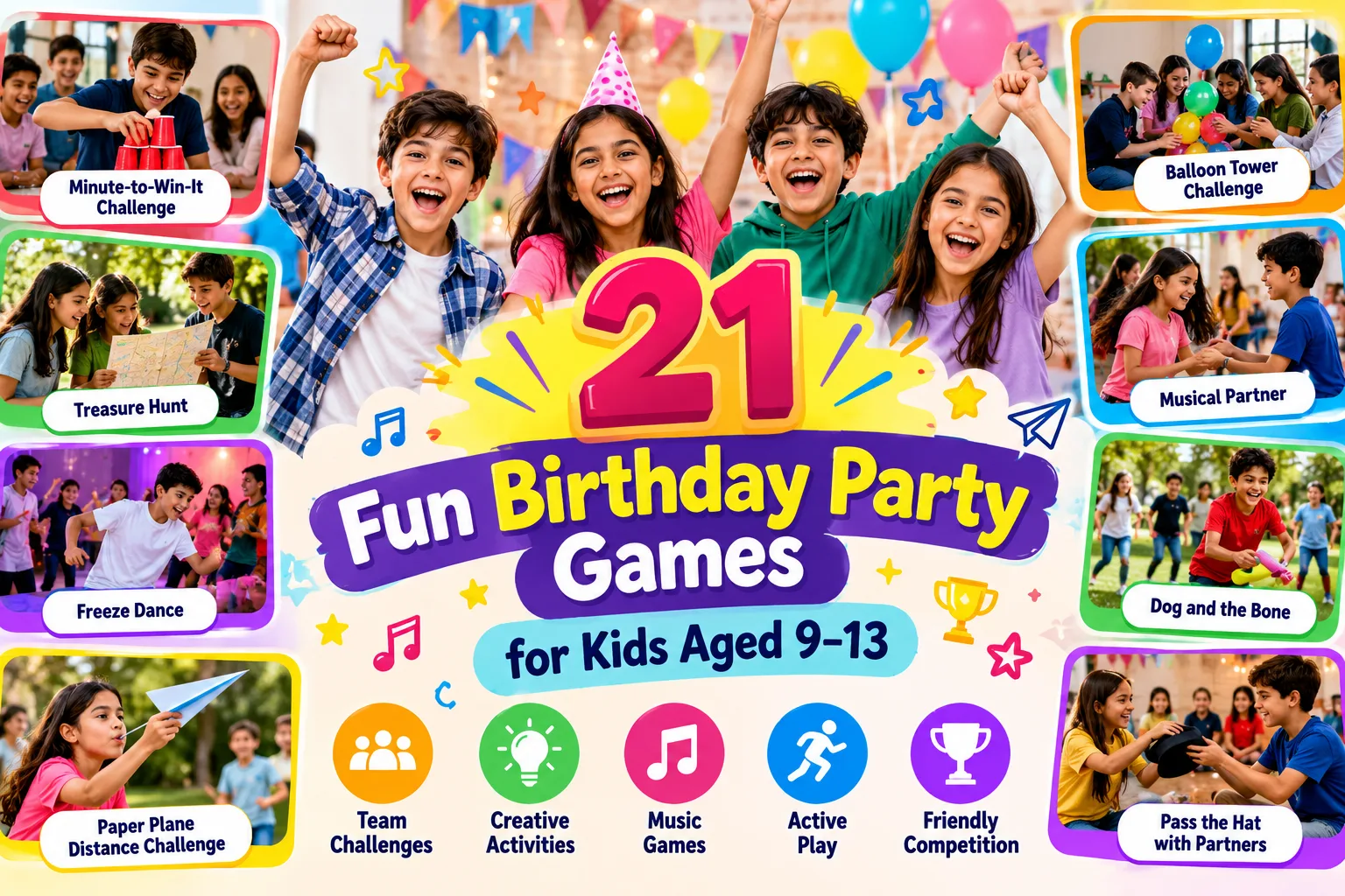 Kids enjoying birthday party games, including treasure hunts, freeze dance, balloon challenges, and partner games.