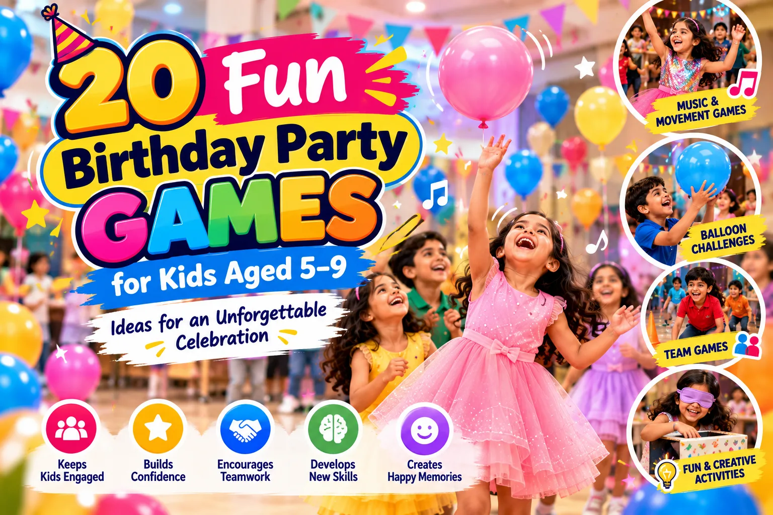 0 fun birthday party games for kids aged 5–9, including musical games, balloon challenges, team activities, and creative party games by Dialevent